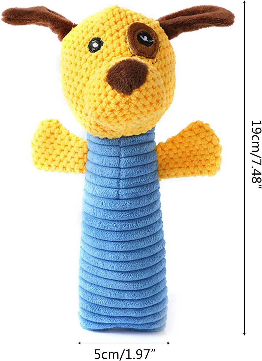 Soft plush dog squeaky chew toy in animal shapes including a calf, frog, and puppy, shown with scale for its 19cm by 5cm size.