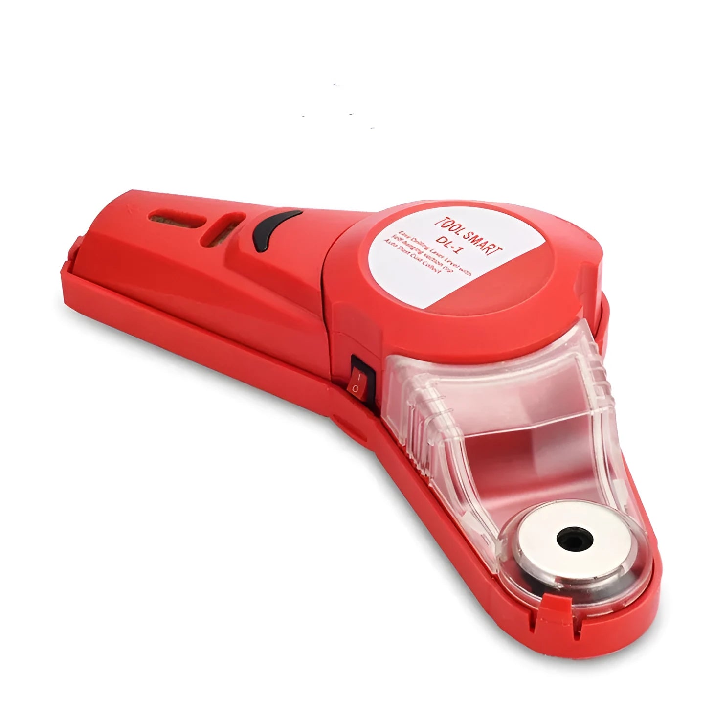 Red portable infrared laser level with punching function on a wooden workbench.
