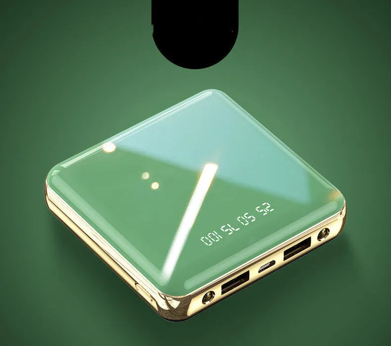 Compact square blue mini power bank with multiple USB ports showing 20000mAh capacity