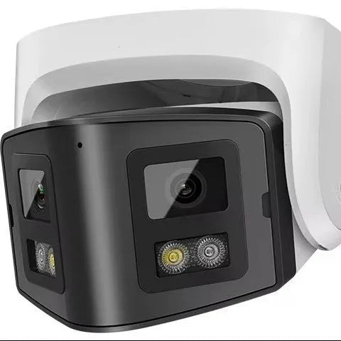 4MP dual lens IP security camera with IP66 weatherproof housing measuring 124x72x201 mm