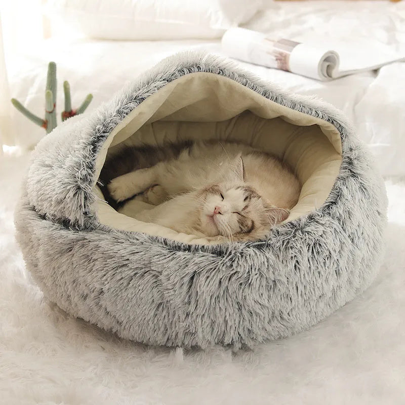 Plush shell pet nest in crystal velvet, round PP cotton cat and dog bed, 50cm diameter, cherry pink colour