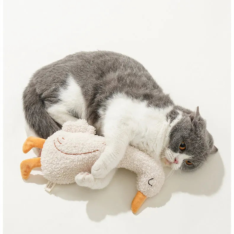 Fox and duckling cartoon plush dog toys with squeakers on a neutral background.