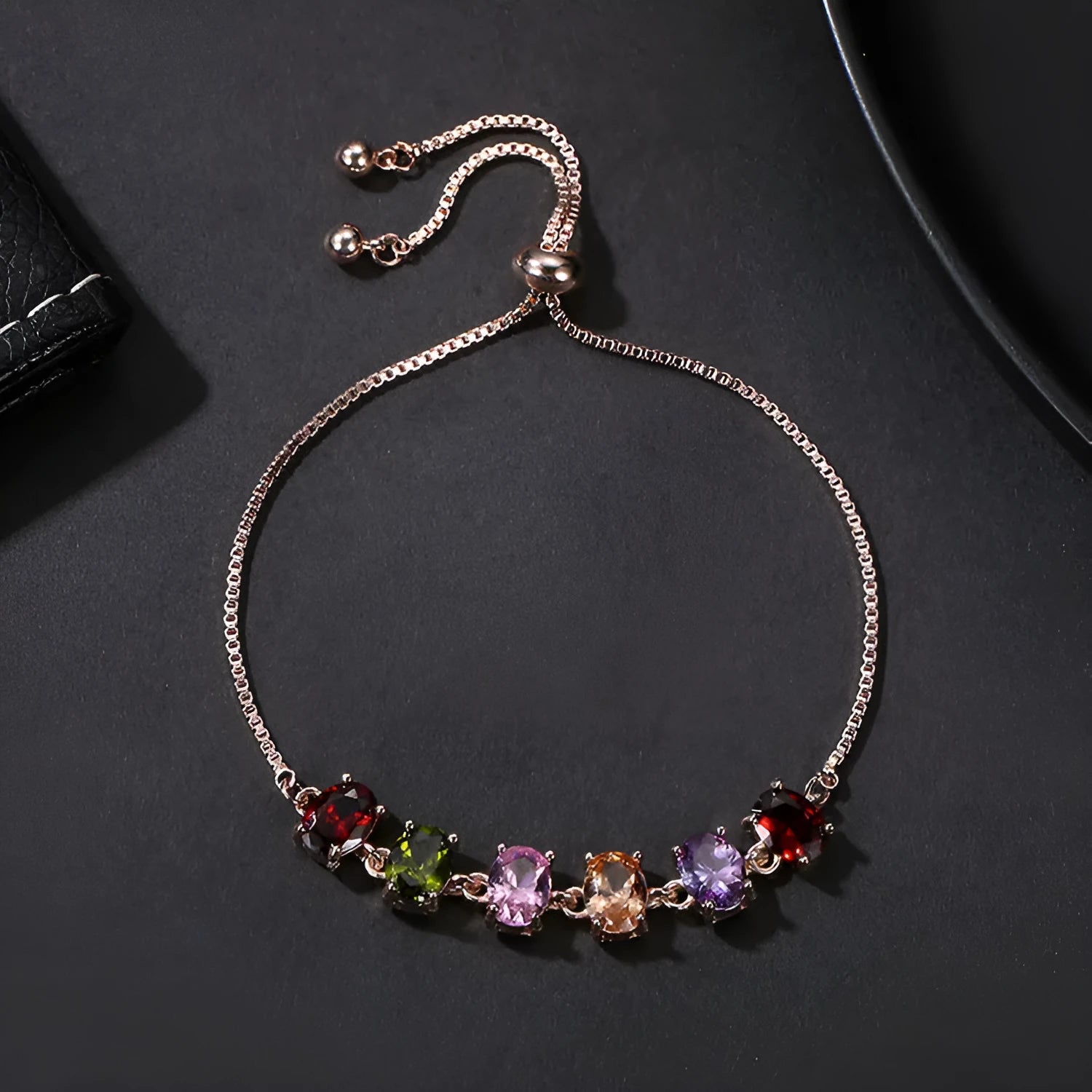 Copper geometric bracelet with inlaid zircon and glass stones for women in water drop diamond shape