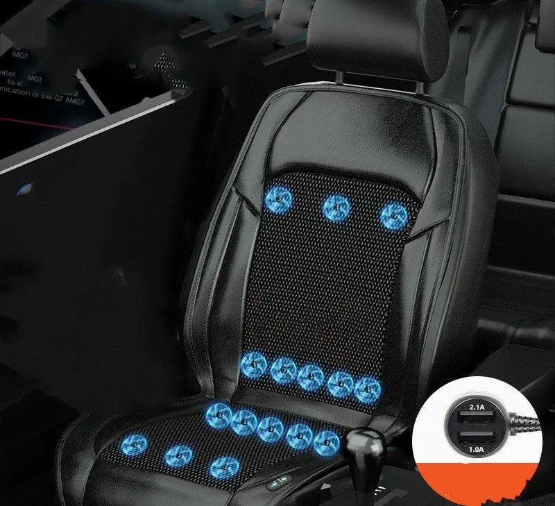 Car seat cushion with ventilation fan system showing multiple colour options and fan configurations