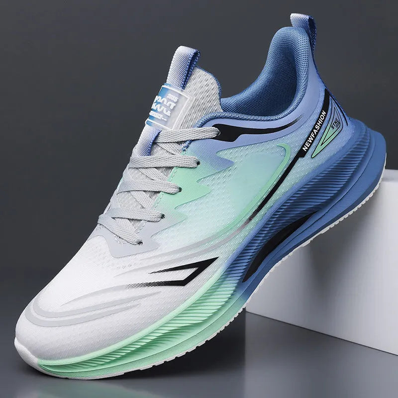 Men's summer casual shoes with fly woven mesh upper and rubber sole in black, black blue, and gray green colours