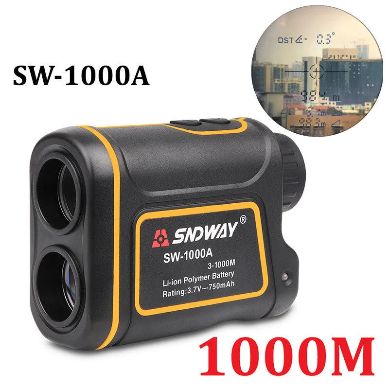 Black handheld golf laser rangefinder unit showing compact size and display.