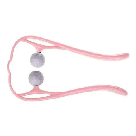 Blue plastic handheld neck and shoulder massager with adjustable stand and removable soft head on a white background.
