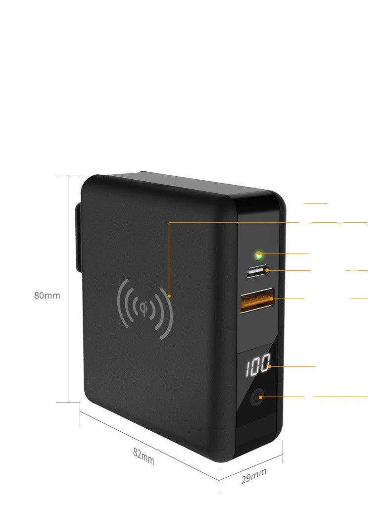 Black and white PD20W fast charging power bank with wireless capability and integrated plug