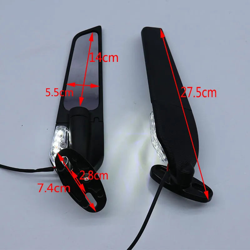 Pair of aluminium alloy motorcycle rearview mirror reflectors with convex glass lens and yellow LED light.