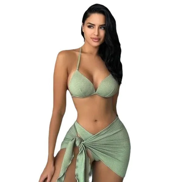 Women's Russian split three piece swimsuit set in solid colour with coordinating top, panties, and skirt