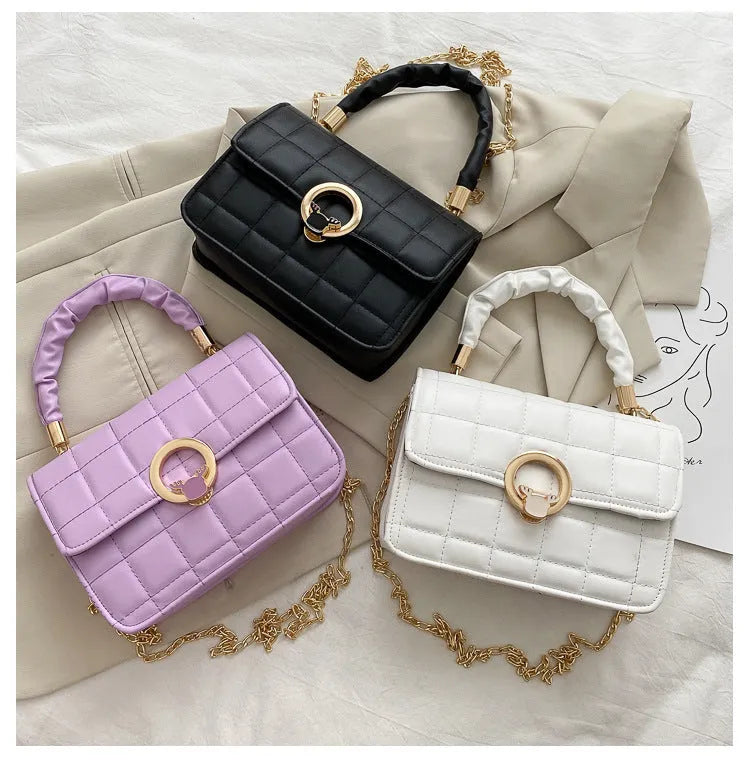 Women's solid colour PU leather small square crossbody bag with messenger chain in Black, Purple, and White