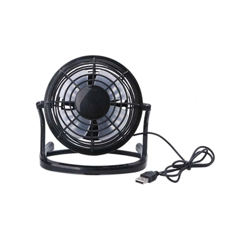 Mini USB desktop fan showing adjustable tilt mechanism and black/white/blue colour options