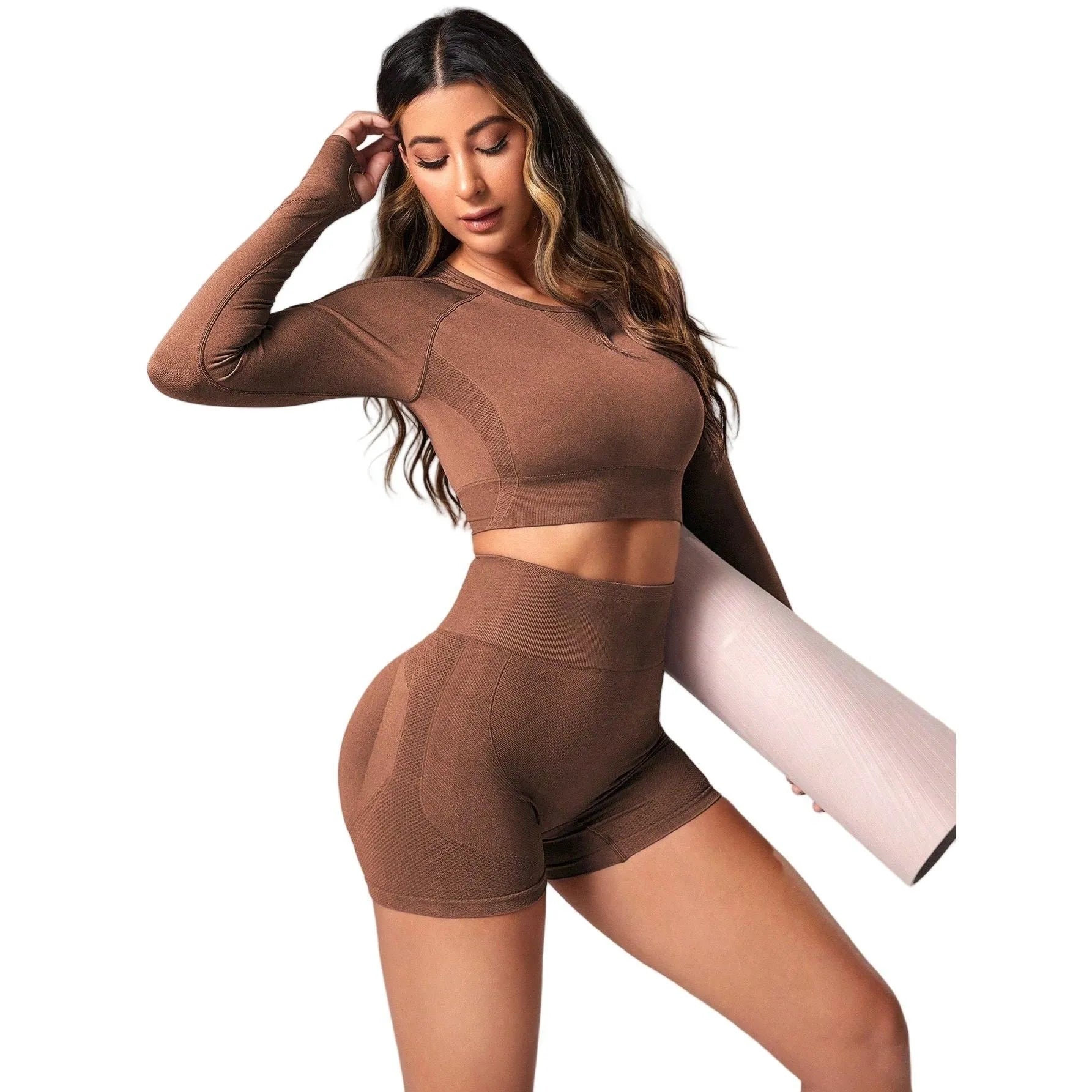 Women's black high waist yoga suit with long sleeves, consisting of matching top and pants
