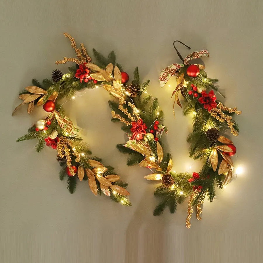 Artificial plastic Christmas garland with American country style design displayed on staircase