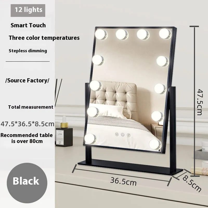 Desktop LED fill light mirror with metal frame, aluminium lens, 9 lights, black colour
