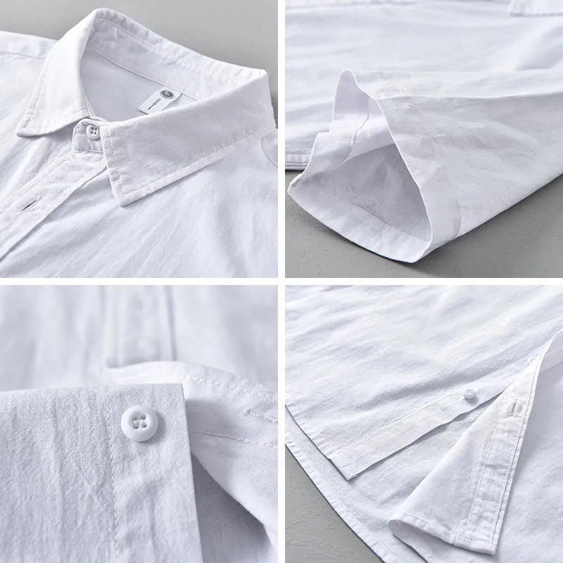 Mens summer short-sleeved cotton shirt in light gray, loose fit cardigan style
