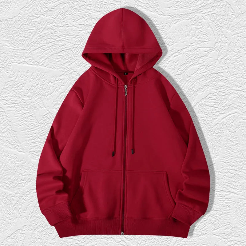Men's plus size heavyweight zipper hooded sweater cardigan in beige colour showing front zipper and hood