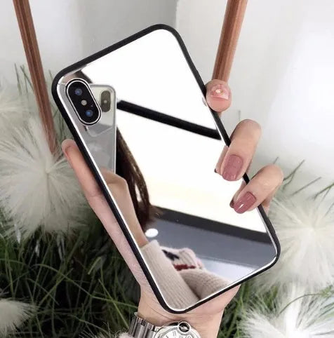Black iPhone mirror phone case with glass back panel compatible with iPhone X, 7 and 8 Plus models