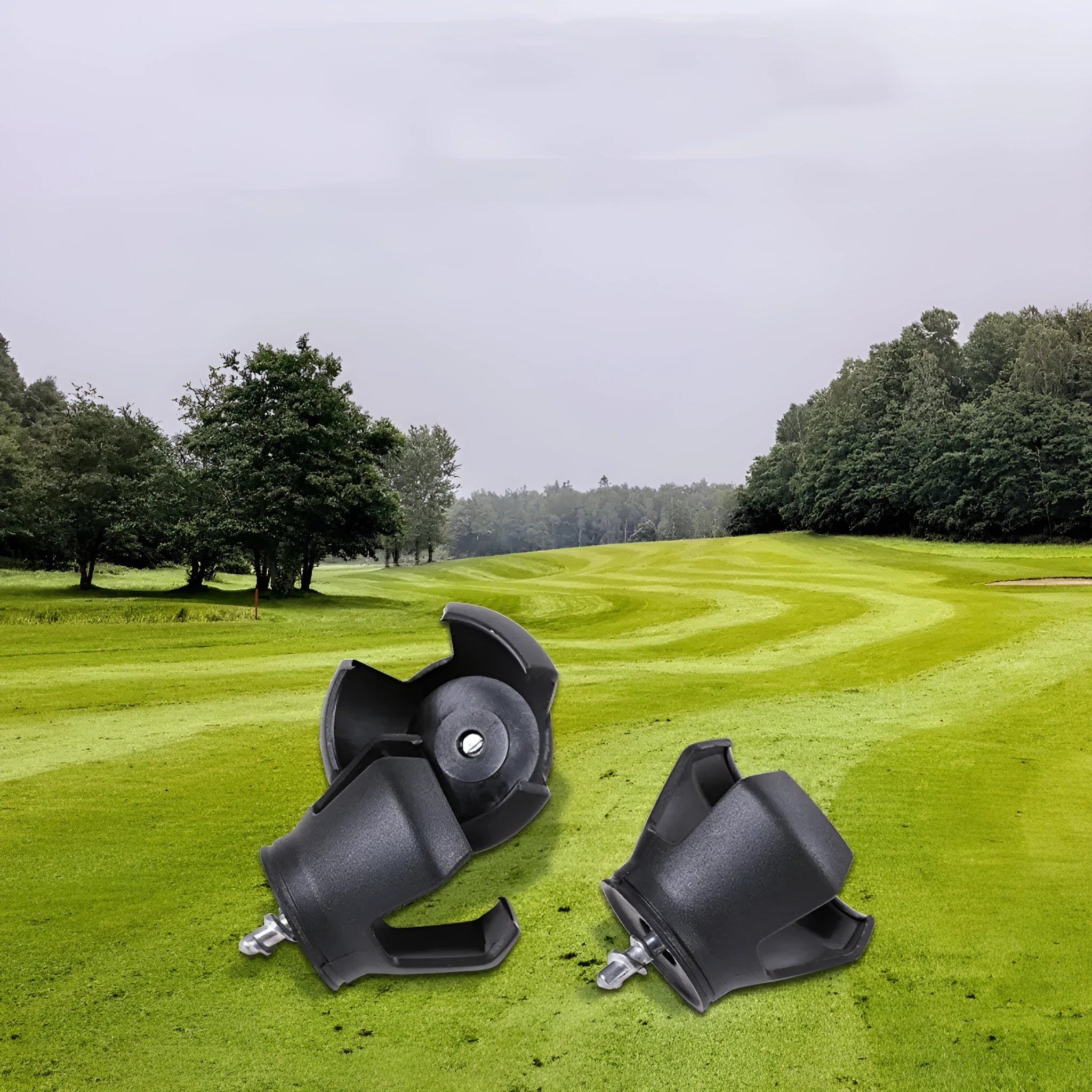 Black golf ball picking device with a seat and clip, weighing 60g.
