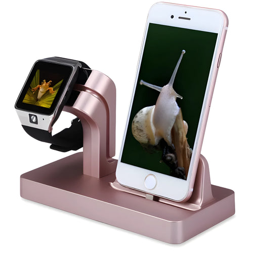 White 2-in-1 charging dock holding an iPhone and Apple Watch with anti-slip silicone pads
