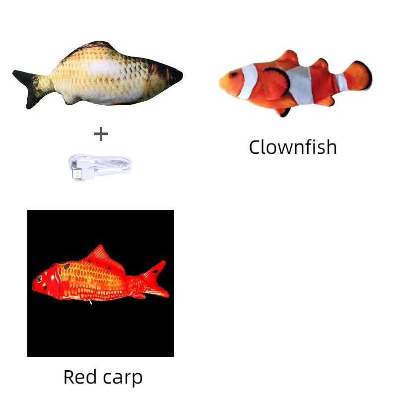 Multicolour electronic fish cat toy measuring 30cm with USB charging cable