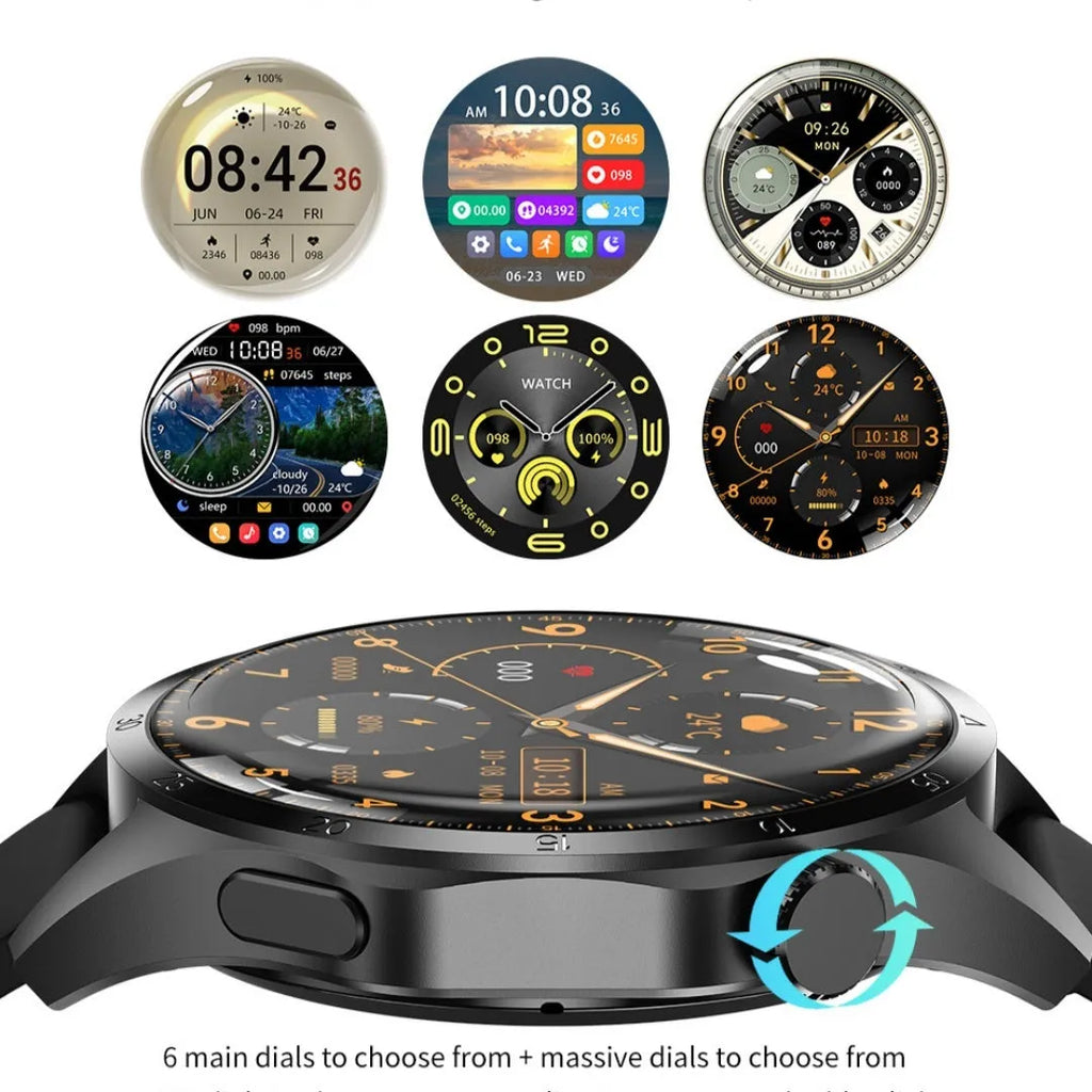 Black Bluetooth smartwatch with touch screen showing fitness stats, with silicone and Milan metal strap options.