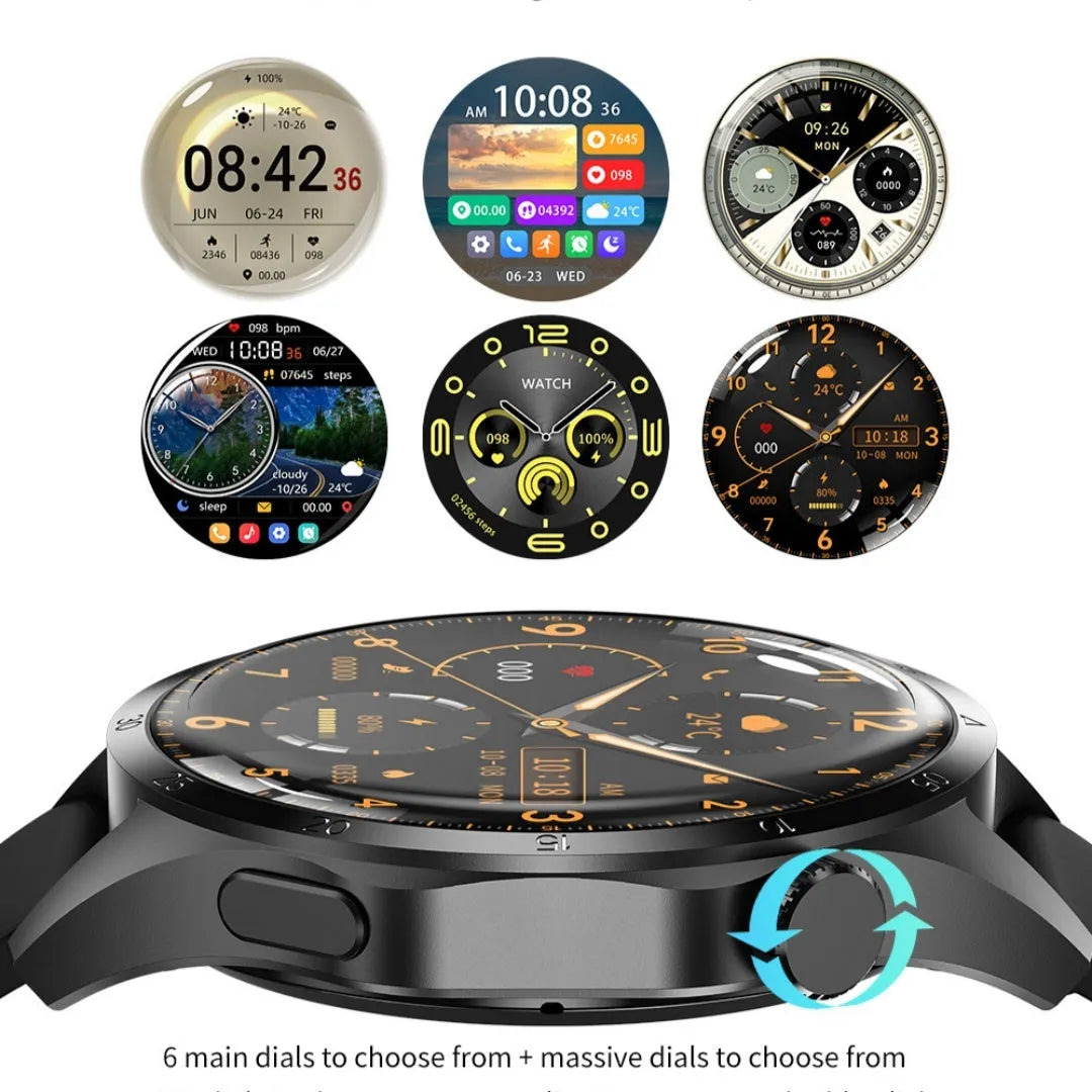 Black Bluetooth smartwatch with touch screen showing fitness stats, with silicone and Milan metal strap options.