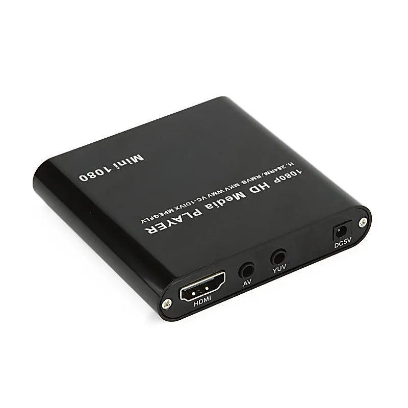 Compact black 1080p Full HD media player with HDMI port and remote control