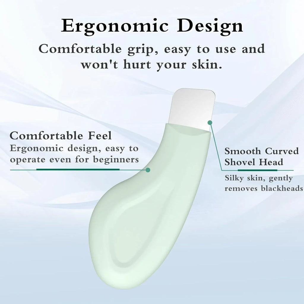 Stainless steel blackhead scraper and green silicone face spatula skin care tool.
