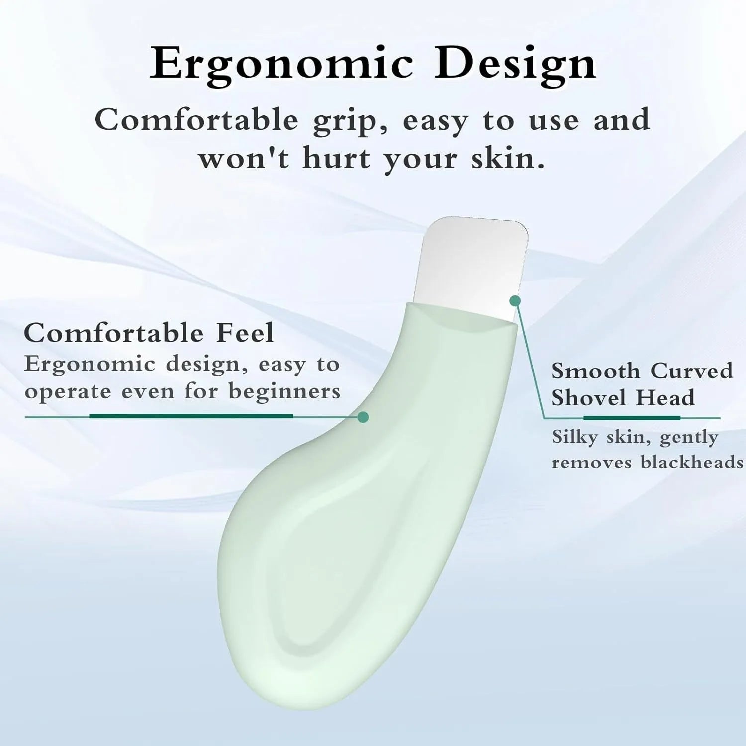 Stainless steel blackhead scraper and green silicone face spatula skin care tool.