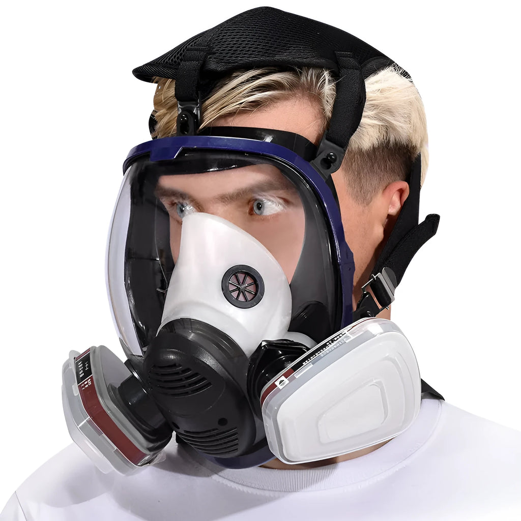 Blue edge spherical full-face gas mask with trapezoidal canister and KN95 protection