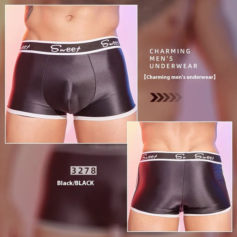 Men's nylon boxers in black, sapphire blue, and white colours, showing silky fabric texture.