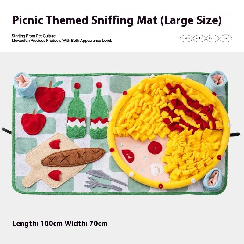 Themed fabric dog sniffing mat for interactive enrichment and food hiding