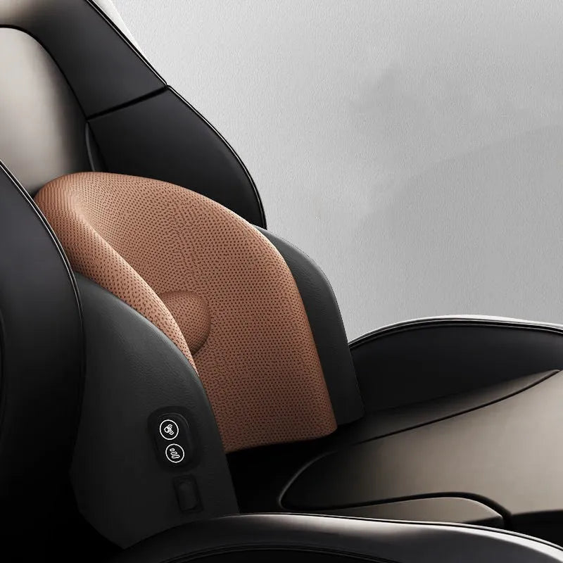 A black car massage cushion with electric vibration controls, placed on a car seat for neck and lumbar support.