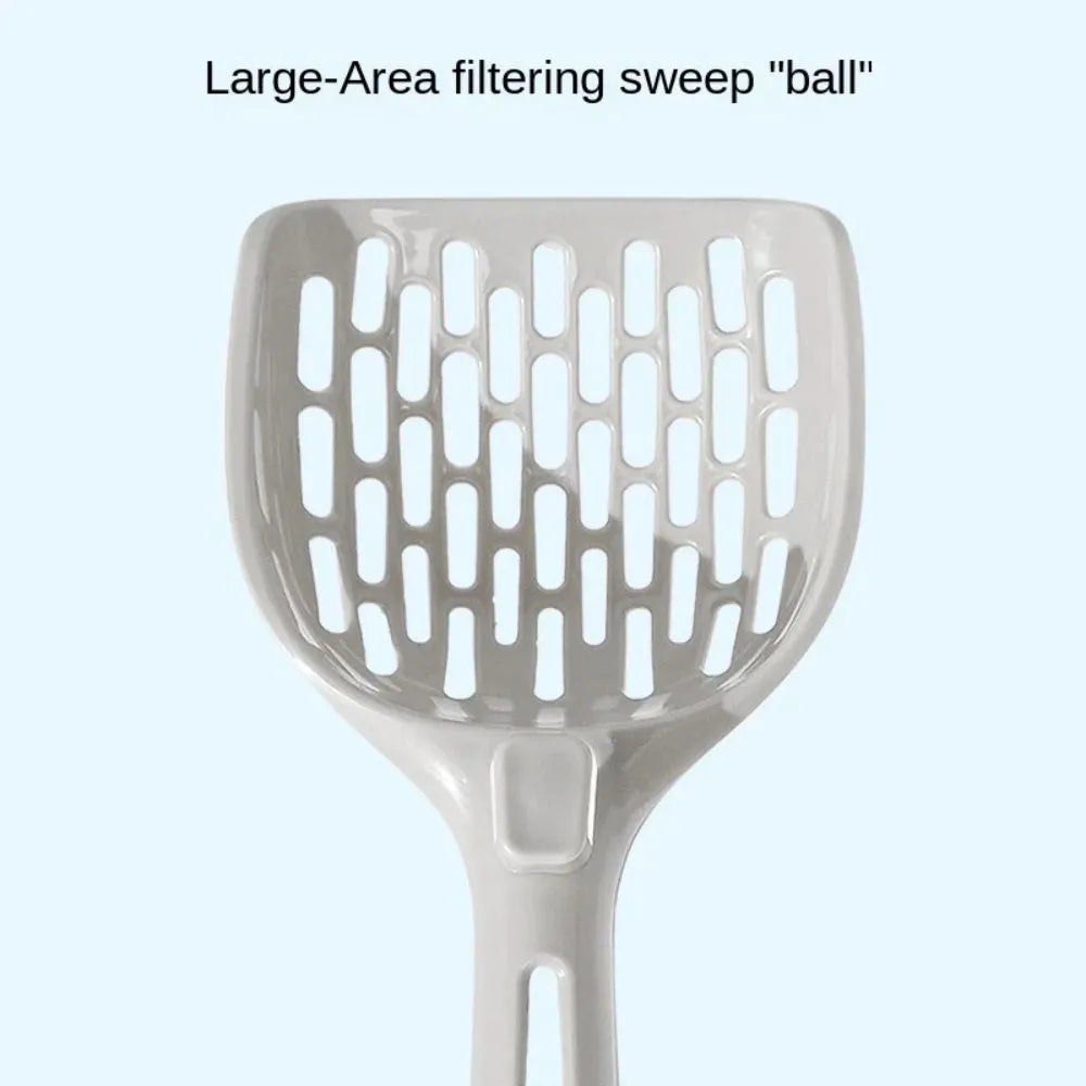 Grey plastic cat litter scoop with perforations and a separate storage base for cat litter box cleaning.