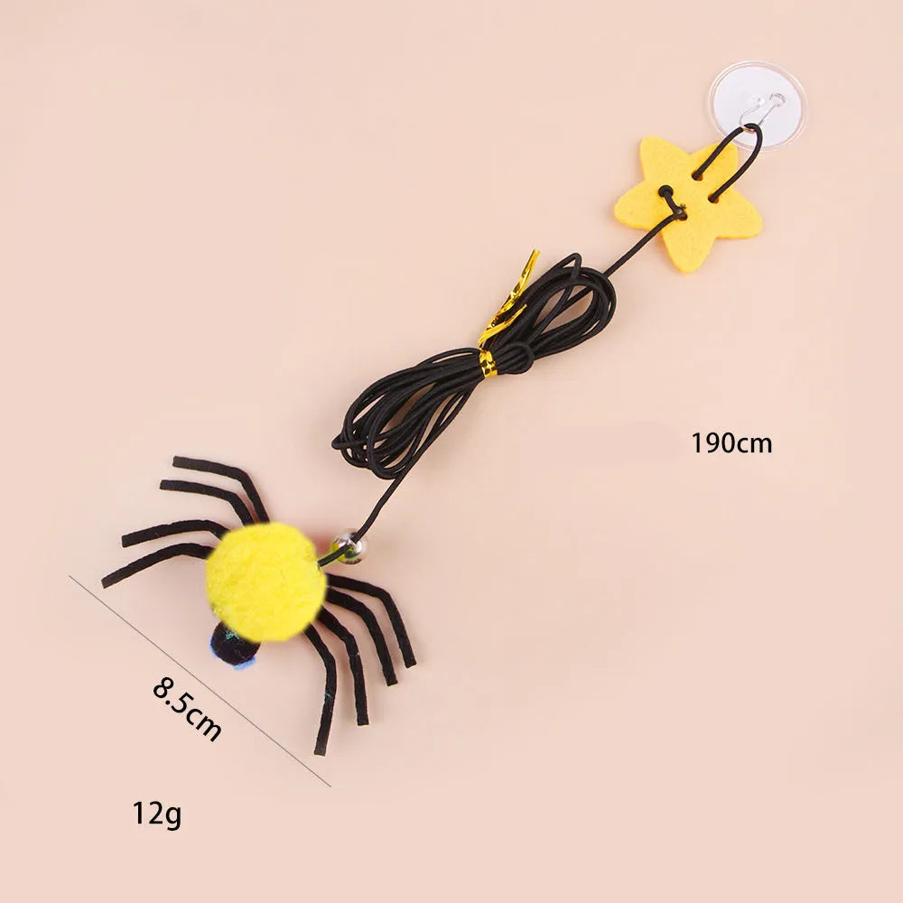Red or yellow cat hanging door toy with elastic rope, feather, and bell for interactive play