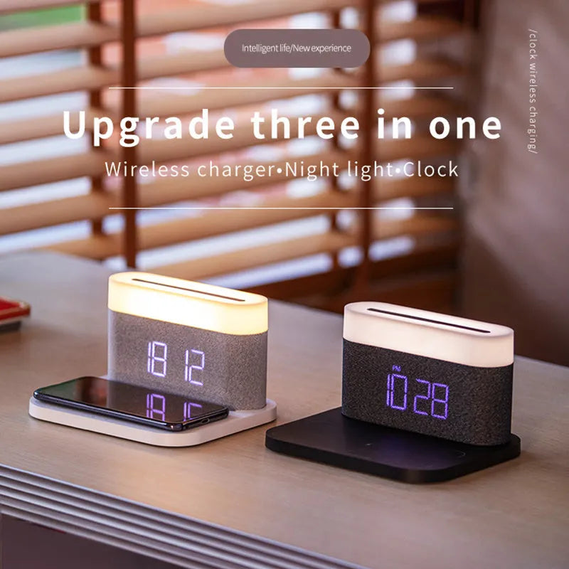 Mini black and white desk lamp with integrated wireless charging pad and clock display.