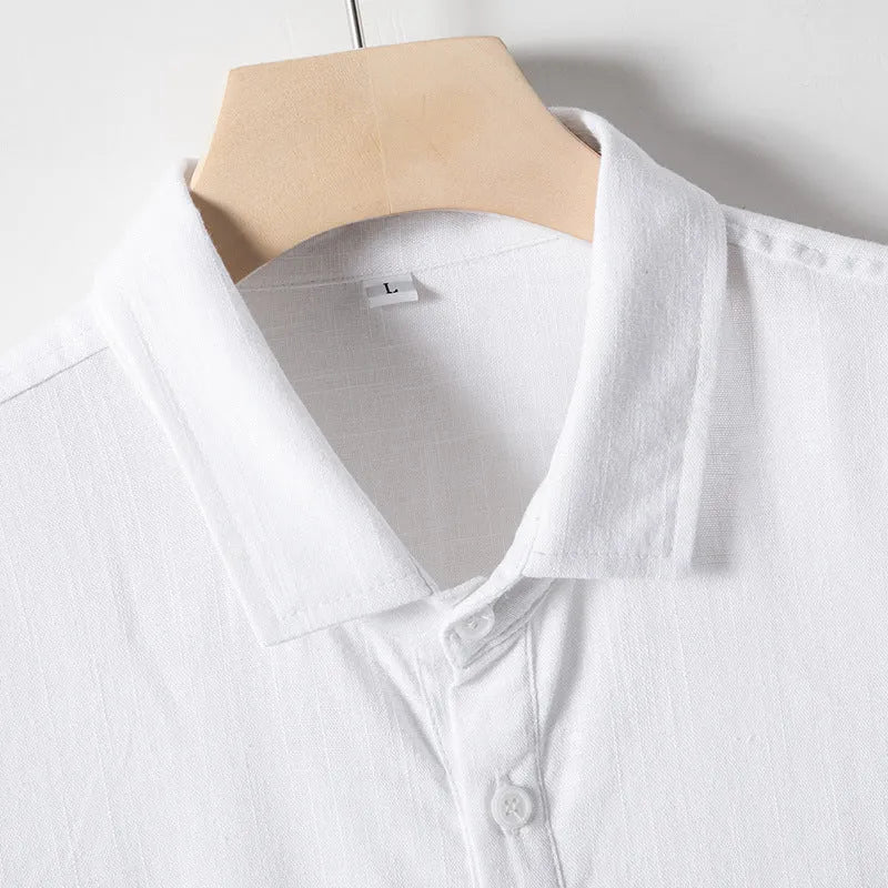 Men's linen T-shirt with loose lapel collar in hemp blend fabric showing size options