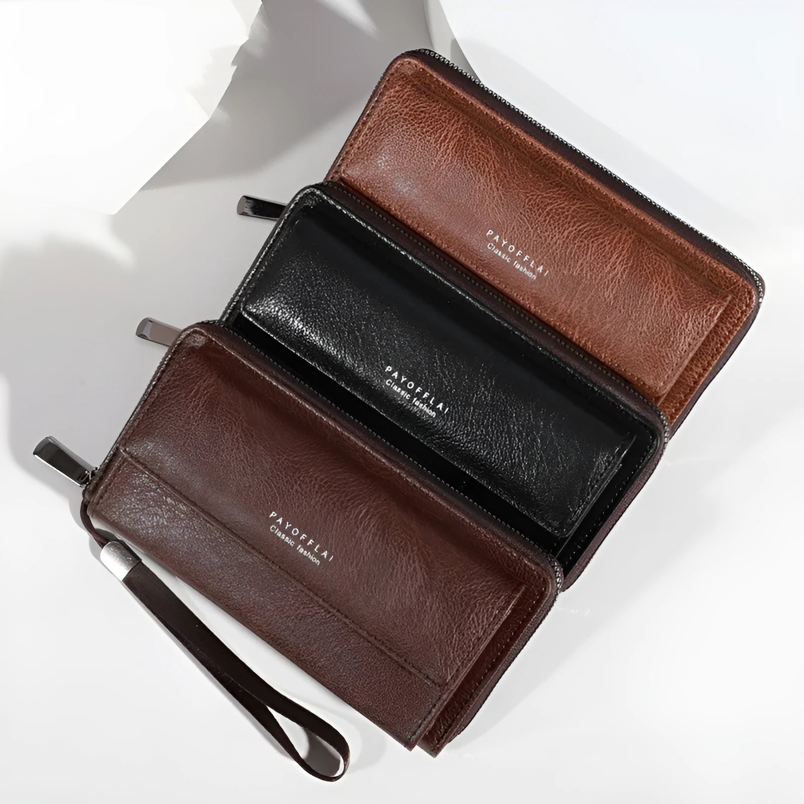 Men's black PU leather bi-fold wallet open to show multiple card slots, alongside brown and coffee colour variants.
