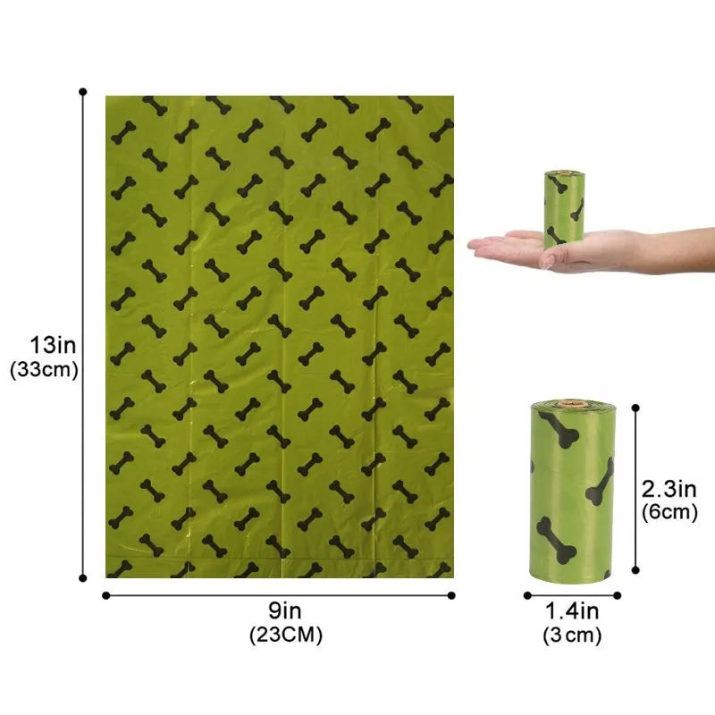 Degradable dog poop bags in military green with black bone print, showing roll format and bag dimensions