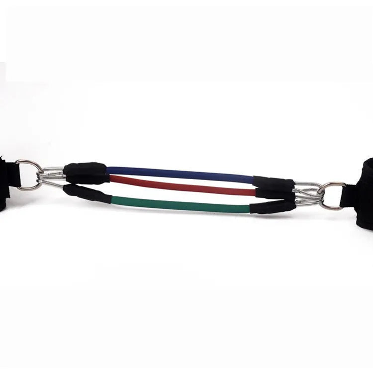 Black taekwondo leg training pull rope set with elastic resistance and PVC handles.
