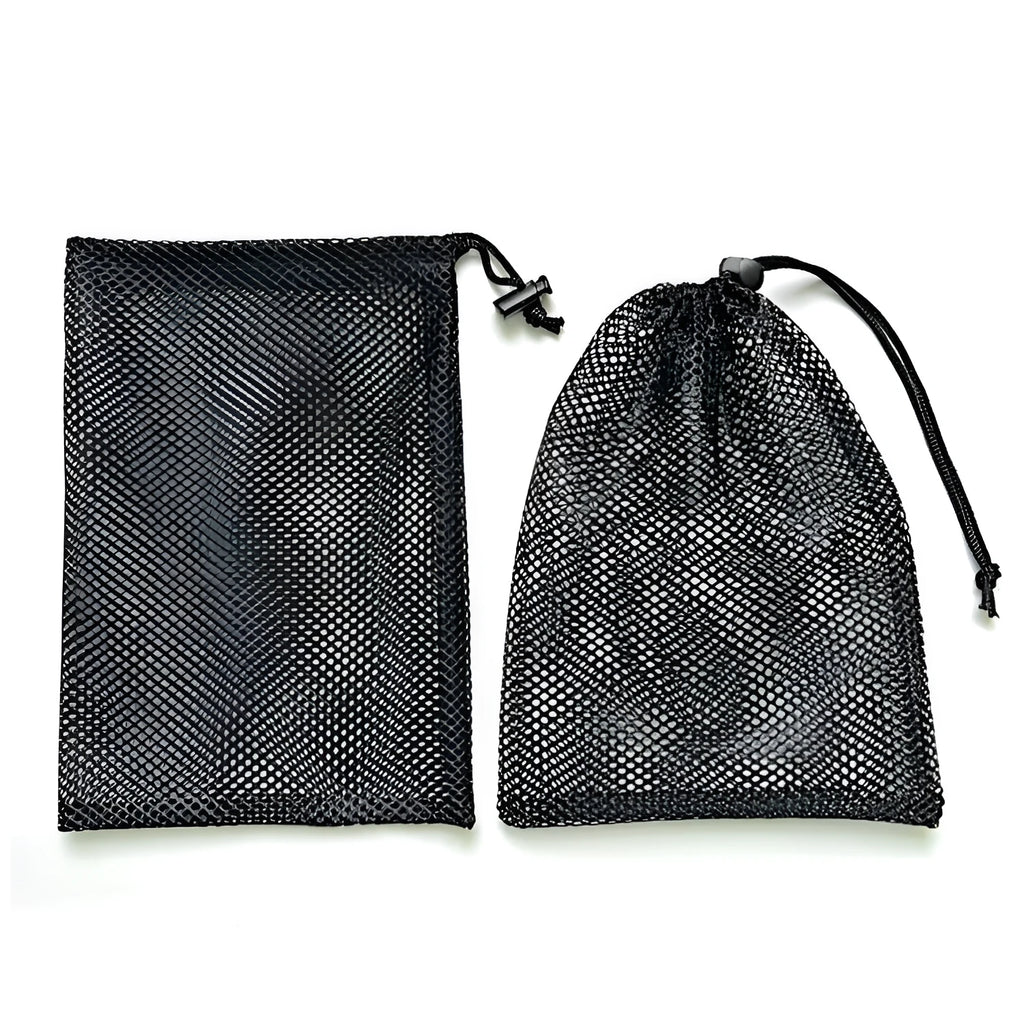 Black drawstring mesh storage bag showing grid fabric and three size options for toy organisation.