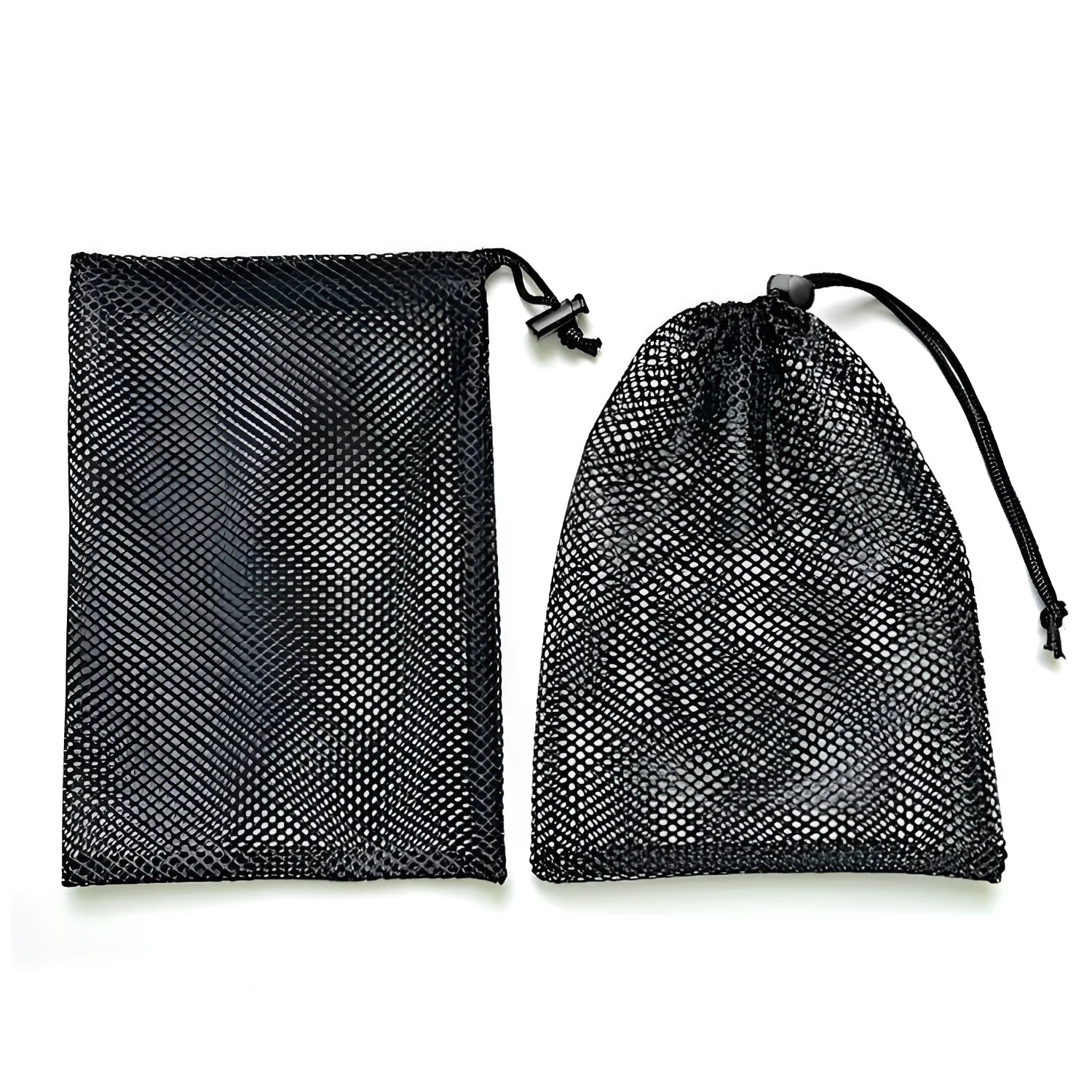 Black drawstring mesh storage bag showing grid fabric and three size options for toy organisation.