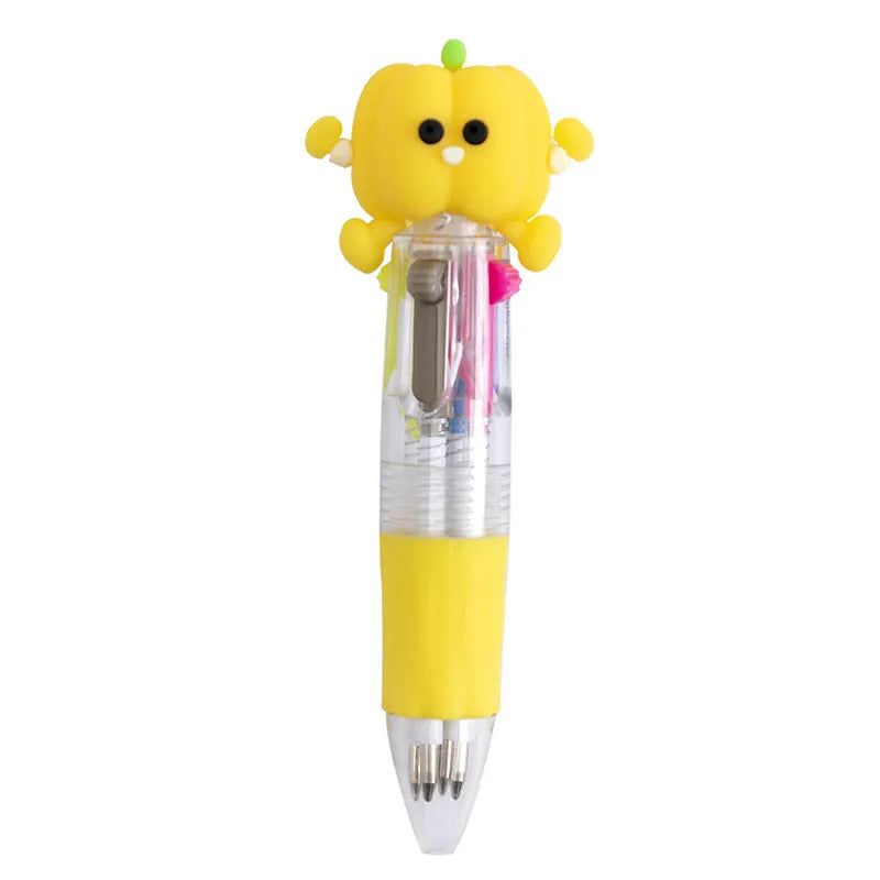 Four-colour press-action ballpoint pen with cartoon-themed refills and 0.7mm bullet tip