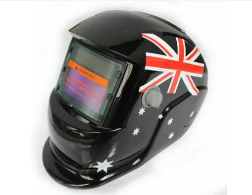 Full automatic variable light welding protective mask in British flag style with solar panel on front