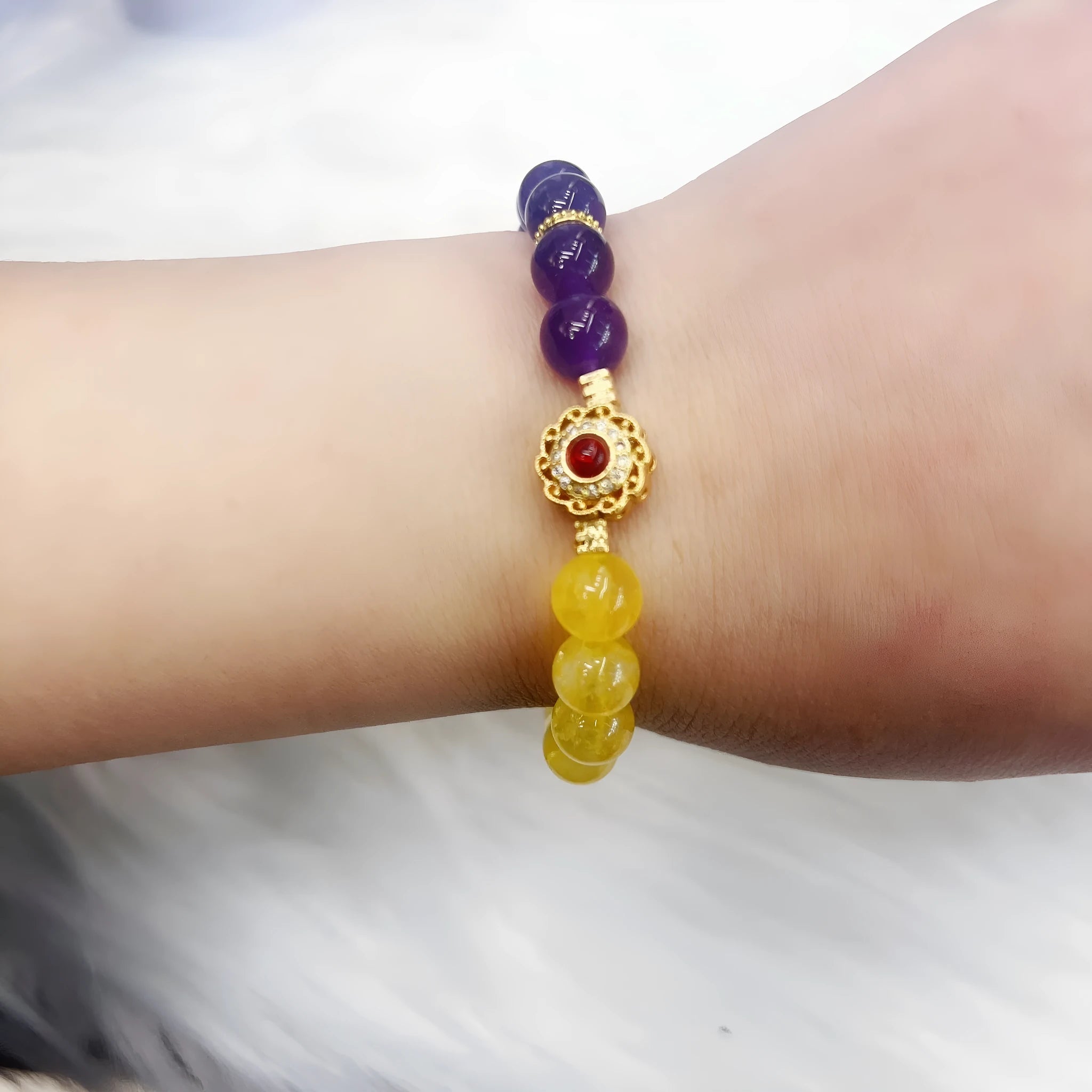Handmade yellow and purple crystal women's bracelet with amethyst stones