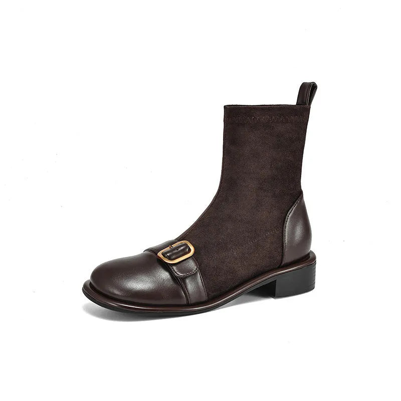 Women's black low heel Martin ankle boots with lace-up front and buckle stitching detail