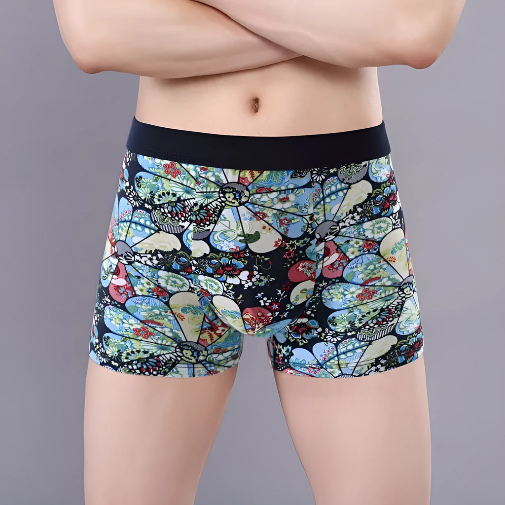 Men's cotton boxer underwear with U-shaped convex design in floral pattern colours