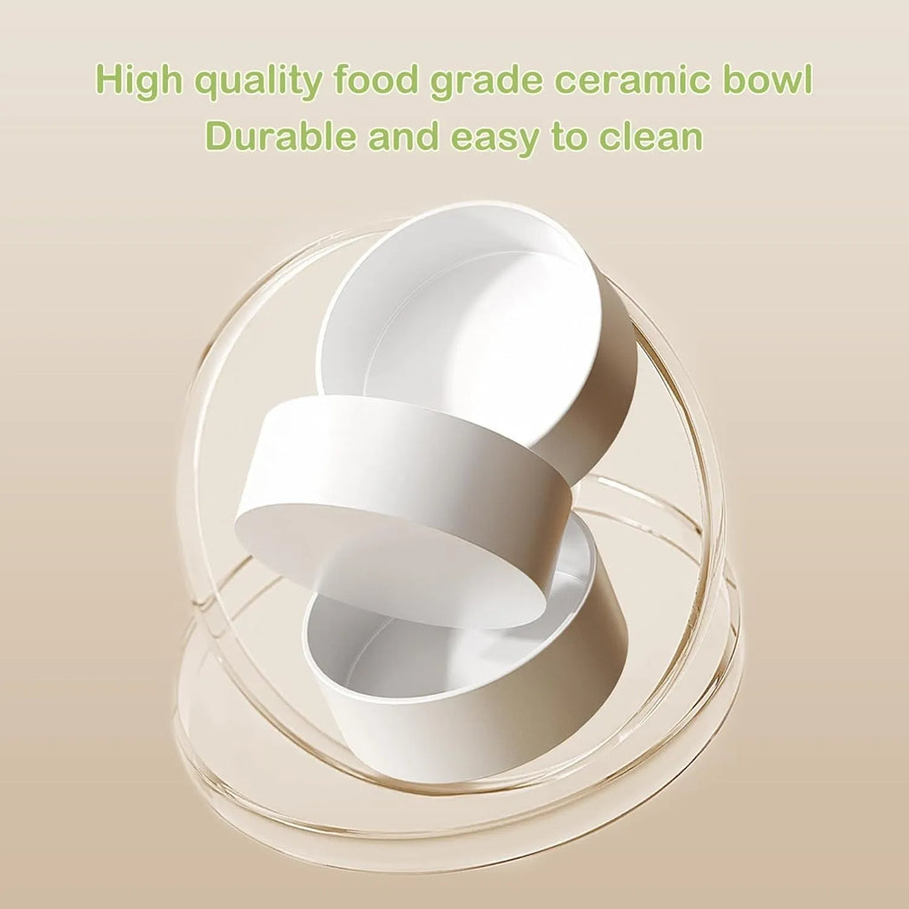 Green and white ceramic elevated cat bowls on a tilted stand for food and water.