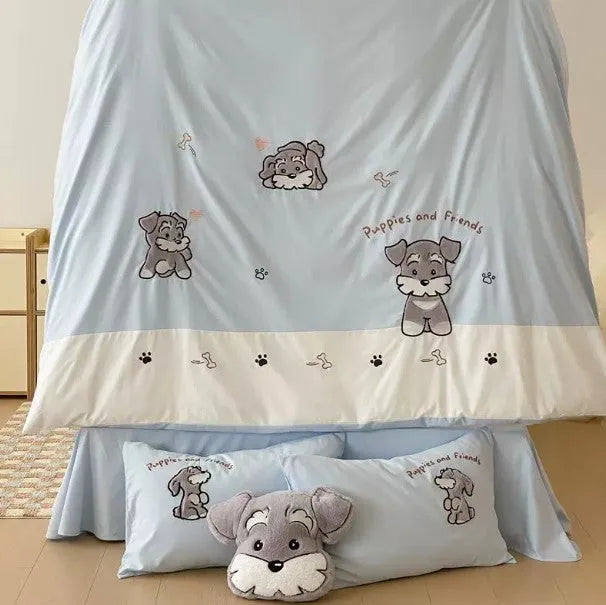 Cartoon Schnauzer bedding set with embroidered patterns showing quilt cover, sheet, and pillowcases